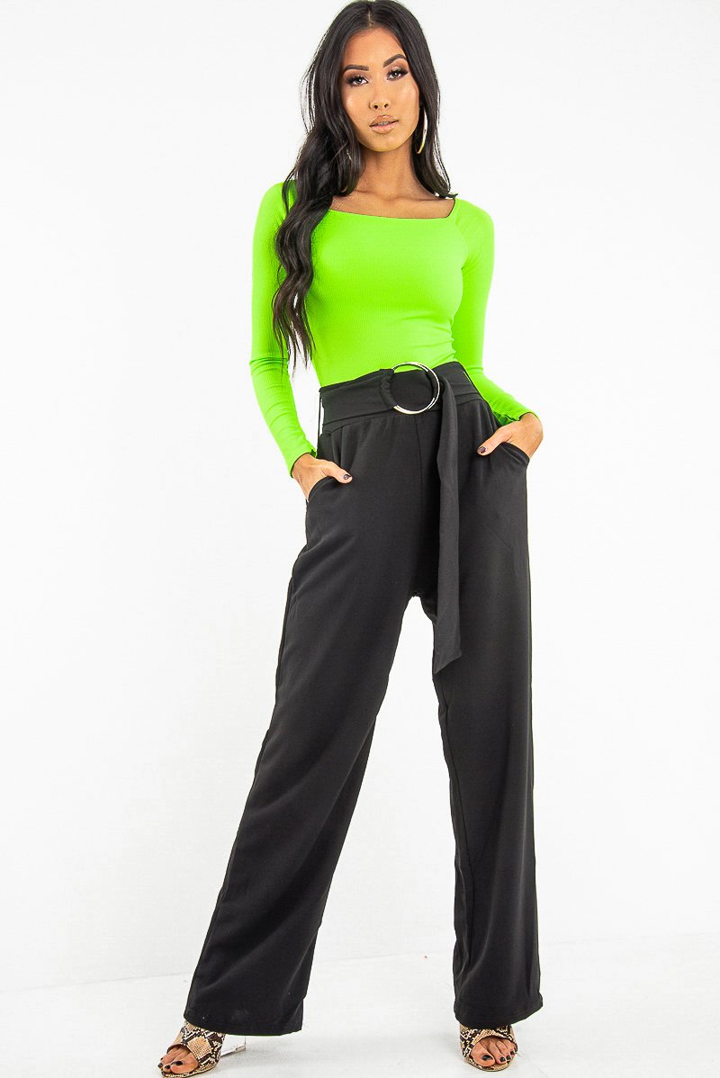 Neon Green Ribbed Square Neck Bodysuit - Alysha-Bodysuits