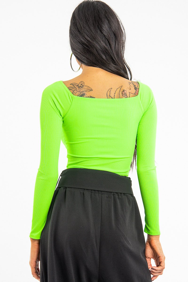 Neon Green Ribbed Square Neck Bodysuit - Alysha-Bodysuits