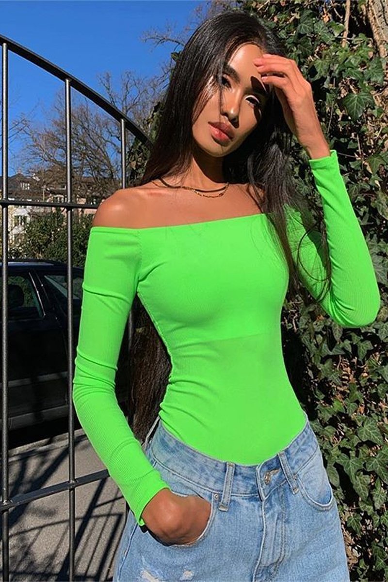 Neon Green Ribbed Square Neck Bodysuit - Alysha-Bodysuits