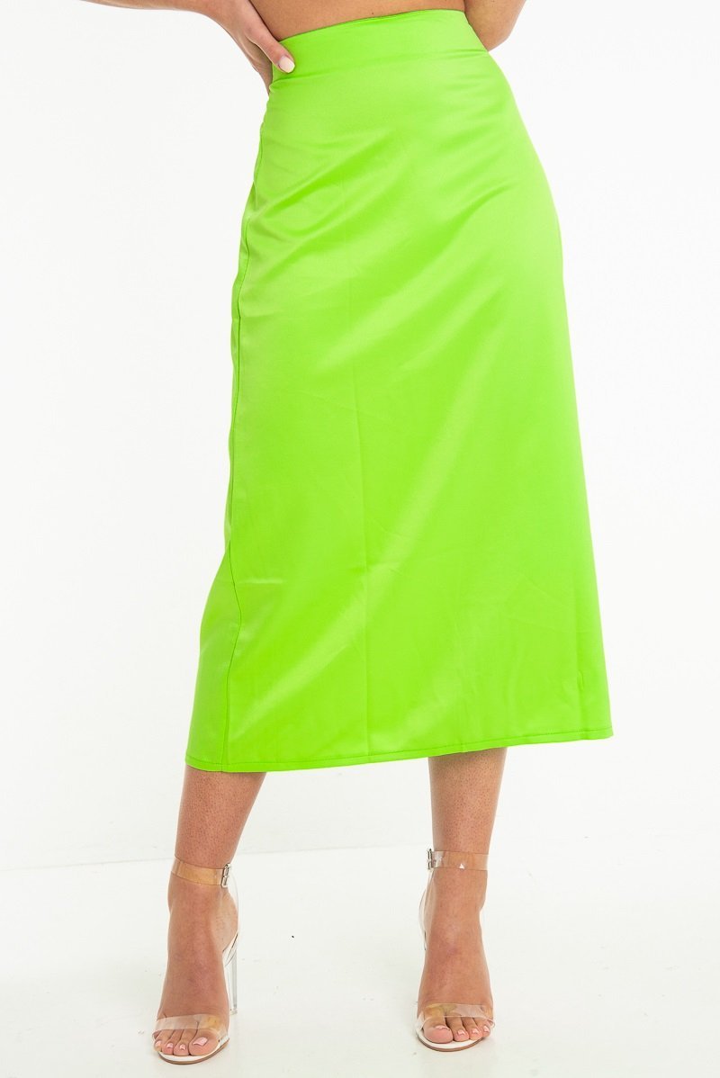 Neon Green Satin Floaty Midi Skirt - Serafina-Skirts