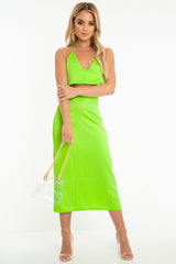 Neon Green Satin Lace Up Plunge Triangle Bralet - Tabby-Crop Tops