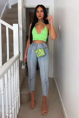 Neon Green Satin Lace Up Plunge Triangle Bralet - Tabby-Crop Tops