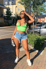 Neon Green Satin Lace Up Plunge Triangle Bralet - Tabby-Crop Tops