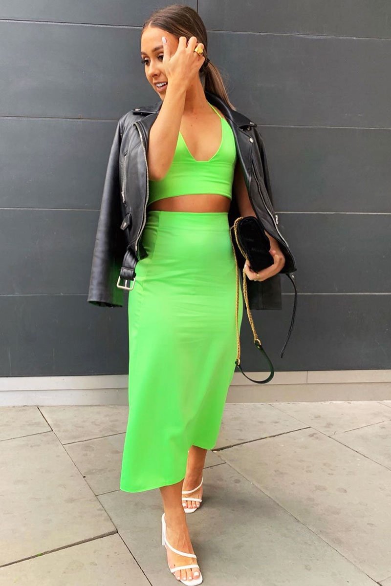 Neon Green Satin Lace Up Plunge Triangle Bralet - Tabby-Crop Tops