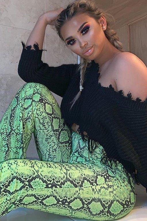 Neon Green Snake Print Flared Trousers - Mianna-Trousers
