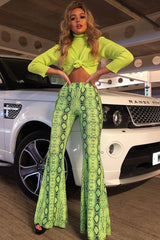 Neon Green Snake Print Flared Trousers - Mianna-Trousers