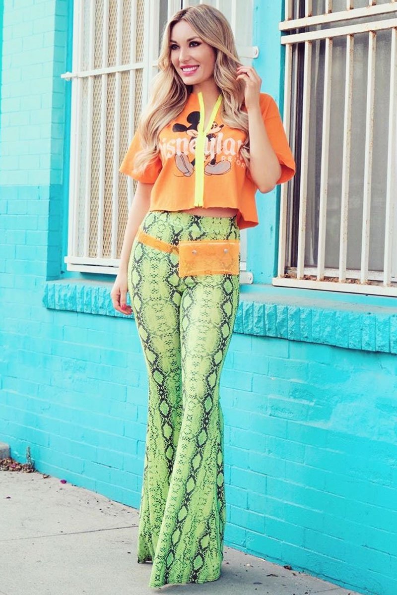 Neon Green Snake Print Flared Trousers - Mianna-Trousers