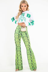 Neon Green Snake Print Flared Trousers - Mianna-Trousers