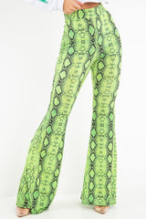 Neon Green Snake Print Flared Trousers - Mianna-Trousers