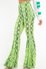 Neon Green Snake Print Flared Trousers - Mianna-Trousers