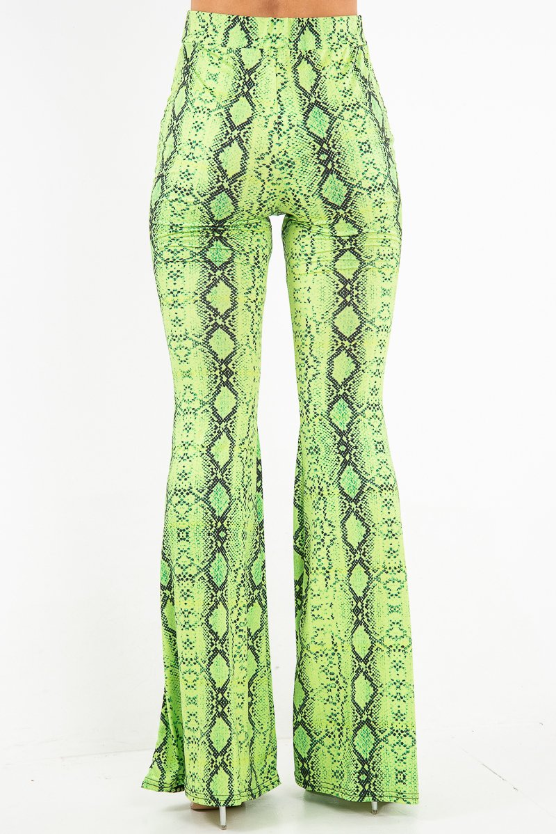 Neon Green Snake Print Flared Trousers - Mianna-Trousers