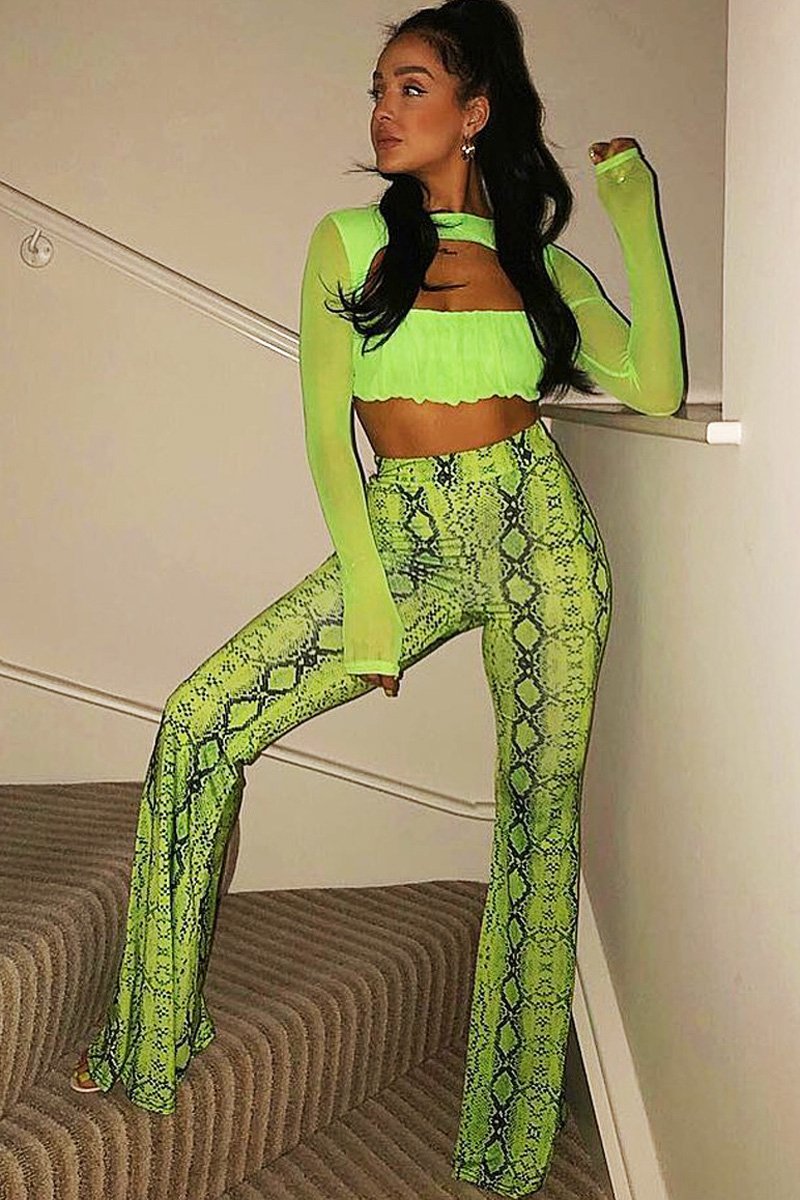 Neon Green Snake Print Flared Trousers - Mianna Rebellious Fashion Neon Green Snake Print Flared Trousers - Mianna Rebellious Fashion