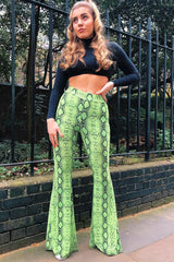 Neon Green Snake Print Flared Trousers - Mianna-Trousers