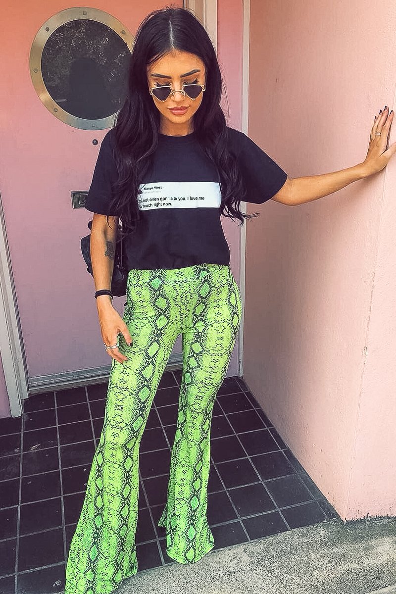 Neon Green Snake Print Flared Trousers - Mianna-Trousers