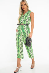 Neon Green Snake Wide Leg Belted Jumpsuit - Sonny-Jumpsuits