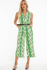 Neon Green Snake Wide Leg Belted Jumpsuit - Sonny-Jumpsuits