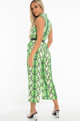 Neon Green Snake Wide Leg Belted Jumpsuit - Sonny-Jumpsuits
