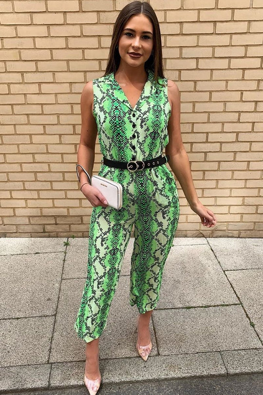 Neon Green Snake Wide Leg Belted Jumpsuit - Sonny
