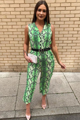 Neon Green Snake Wide Leg Belted Jumpsuit - Sonny-Jumpsuits