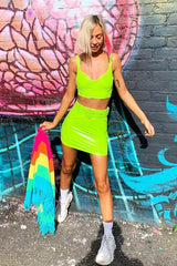 Neon Green Vinyl Bralette Skirt Co-ord - Easton-Co-ords