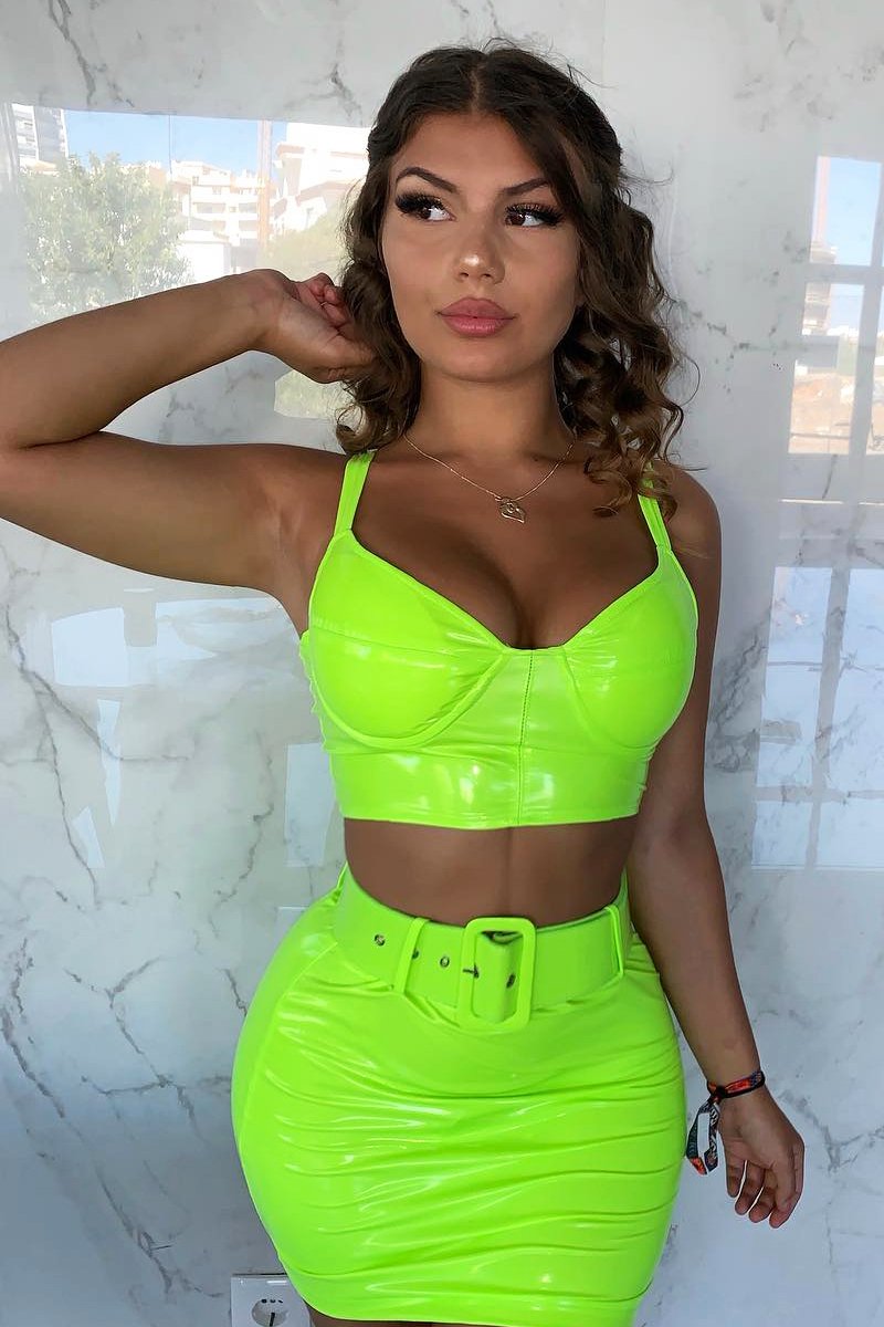 Neon Green Vinyl Bralette Skirt Co-ord - Easton-Co-ords