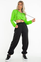 Neon Green Zip Front Drawstring Waist Hoodie Crop Top - Rudi-Hoodies