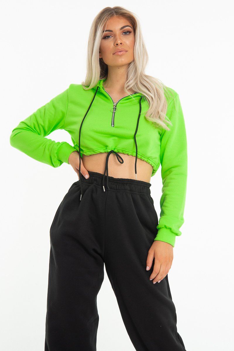 Neon Green Zip Front Drawstring Waist Hoodie Crop Top - Rudi-Hoodies