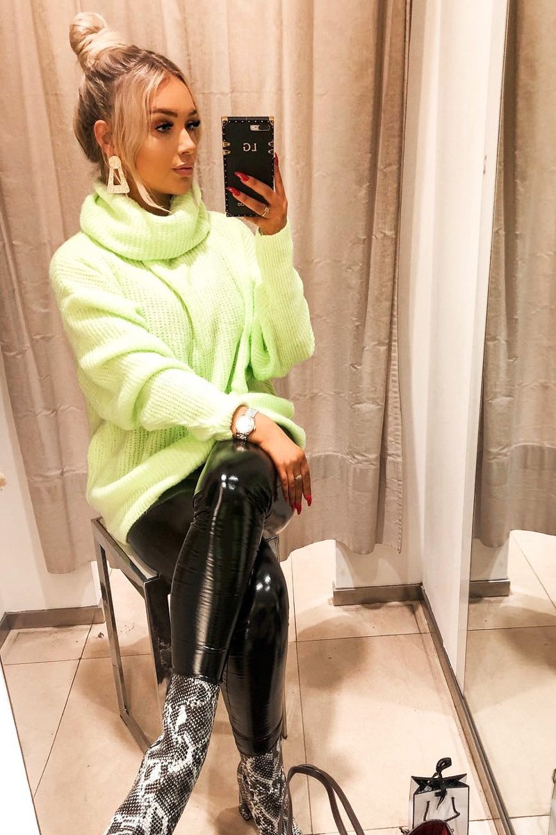 Neon Lime Green Roll Neck Jumper Dress - Freylynn-Dresses