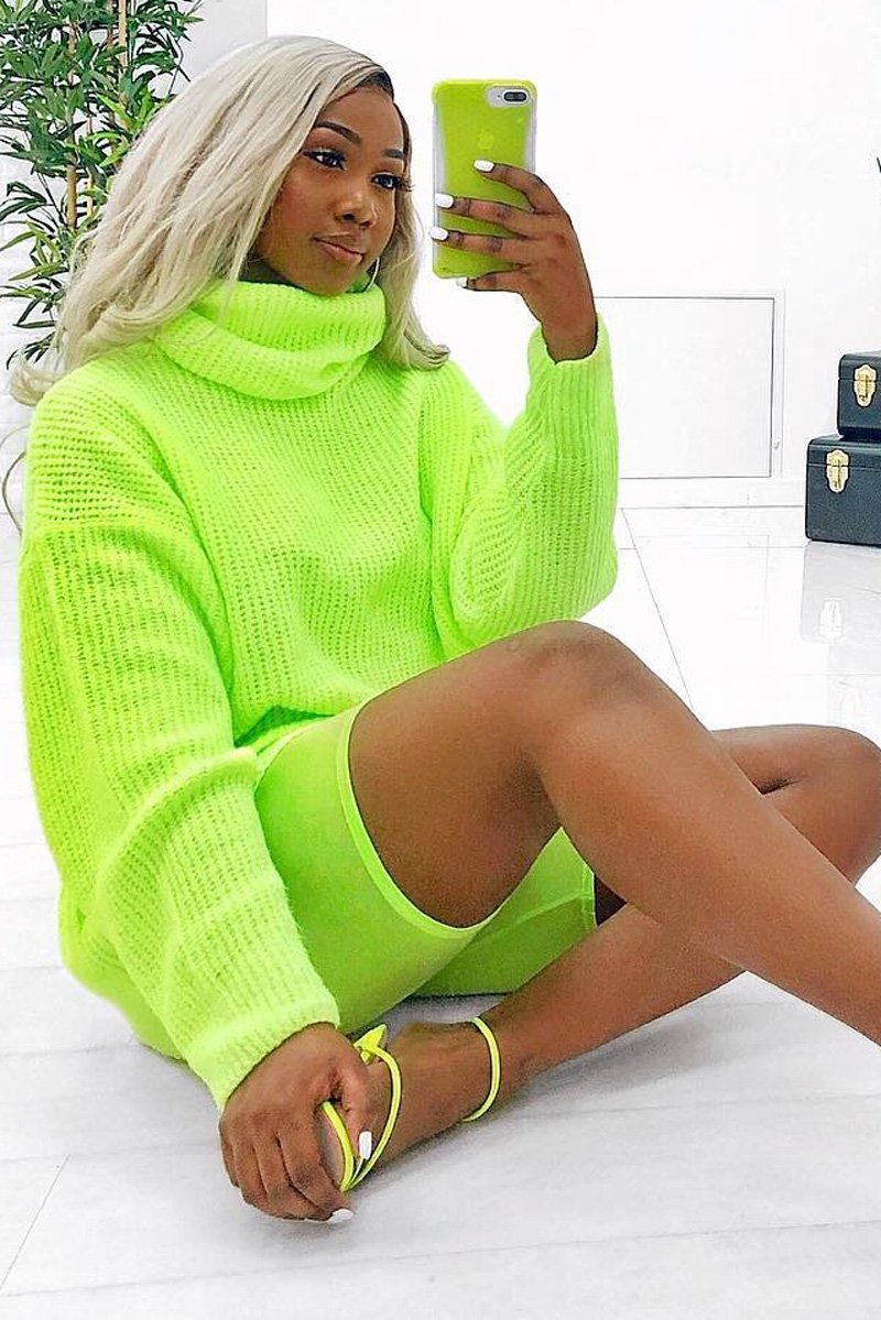 Neon Lime Green Roll Neck Jumper Dress - Freylynn-Dresses