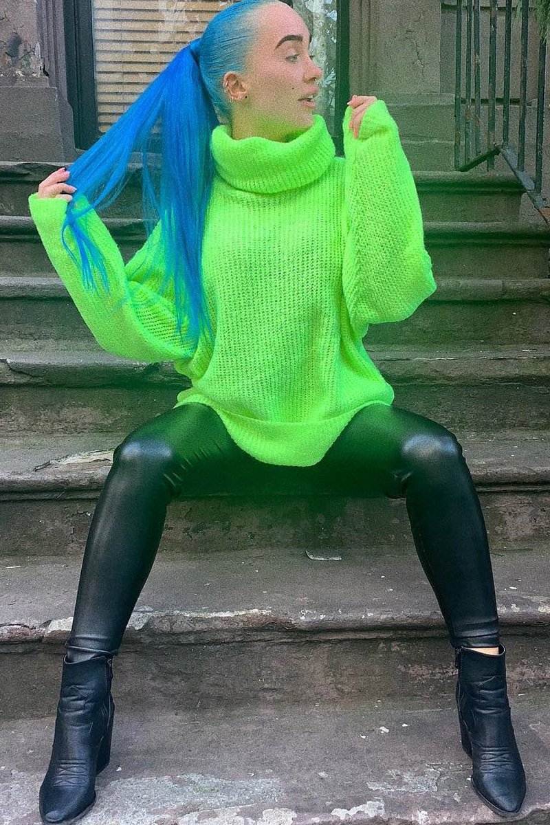 Neon Lime Green Roll Neck Jumper Dress - Freylynn Rebellious Fashion Neon Lime Green Roll Neck Jumper Dress - Freylynn Rebellious Fashion