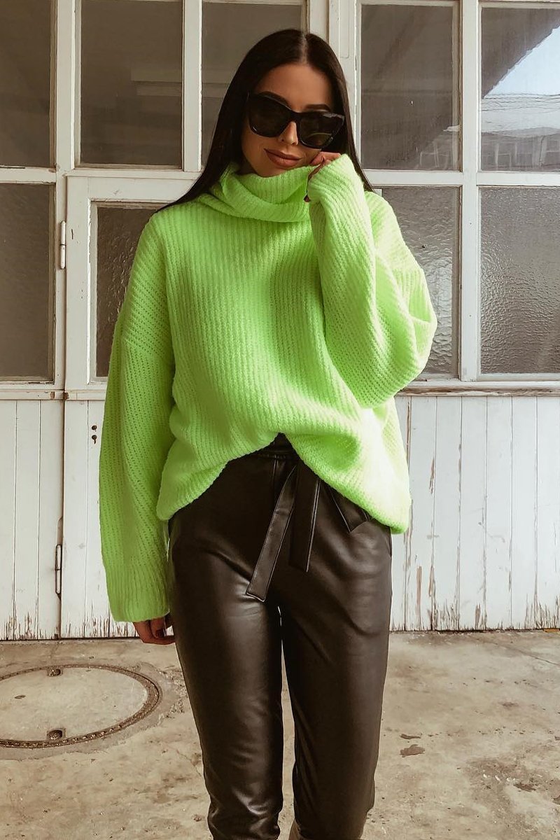 Neon Lime Green Roll Neck Jumper Dress - Freylynn-Dresses