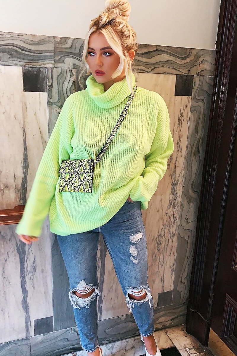 Neon Lime Green Roll Neck Jumper Dress - Freylynn Rebellious Fashion Neon Lime Green Roll Neck Jumper Dress - Freylynn Rebellious Fashion