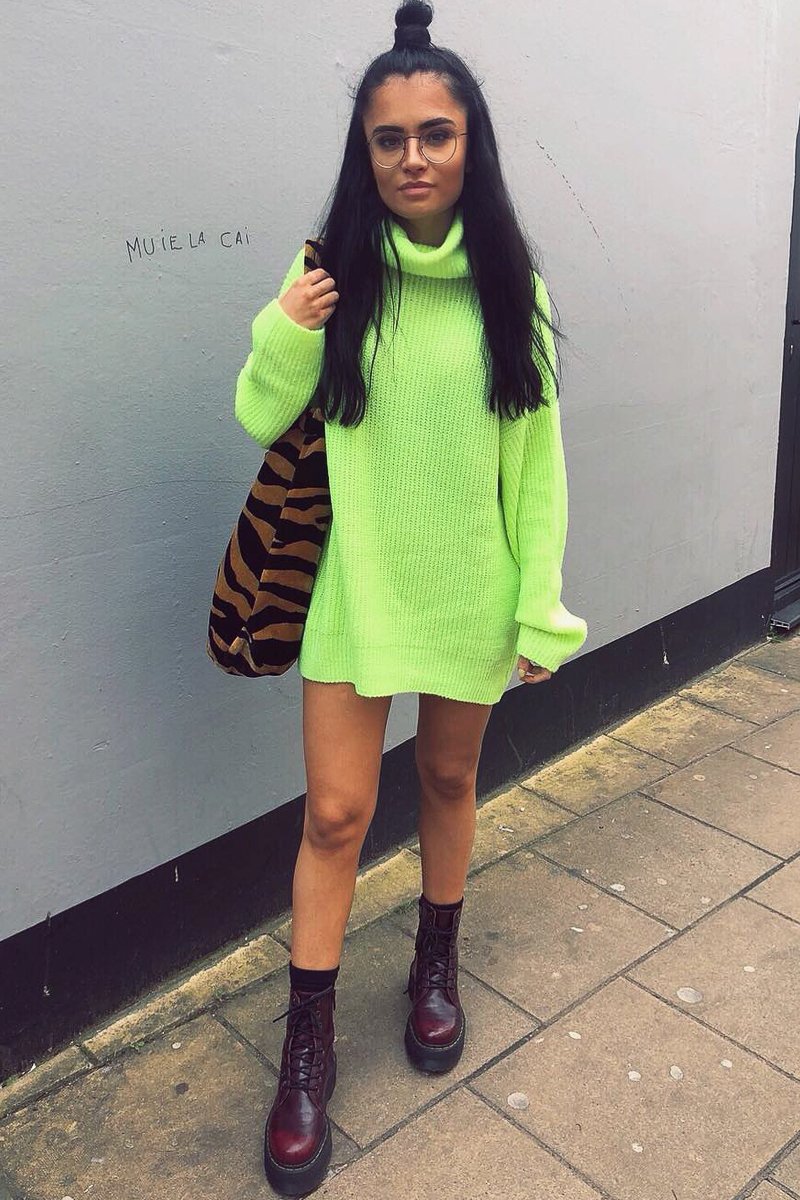 Neon Lime Green Roll Neck Jumper Dress - Freylynn-Dresses