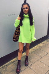 Neon Lime Green Roll Neck Jumper Dress - Freylynn-Dresses