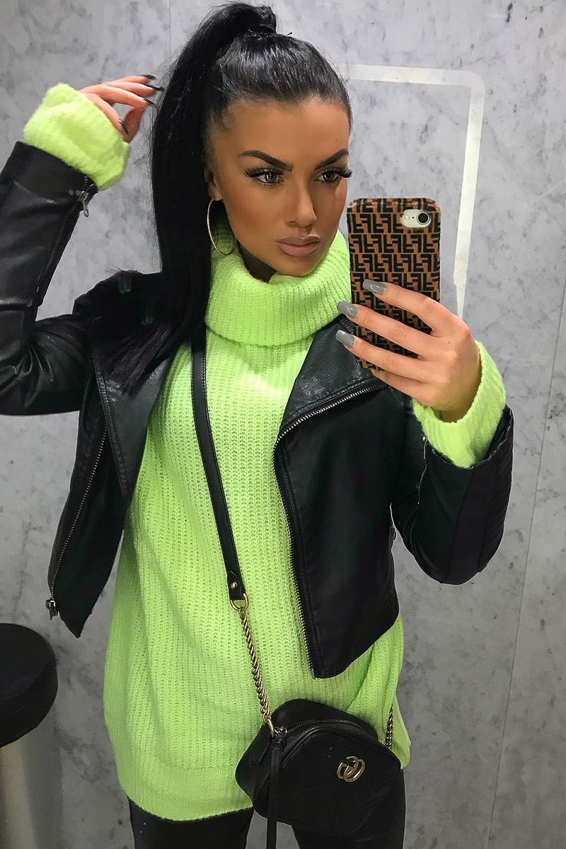 Neon Lime Green Roll Neck Jumper Dress - Freylynn Rebellious Fashion Neon Lime Green Roll Neck Jumper Dress - Freylynn Rebellious Fashion