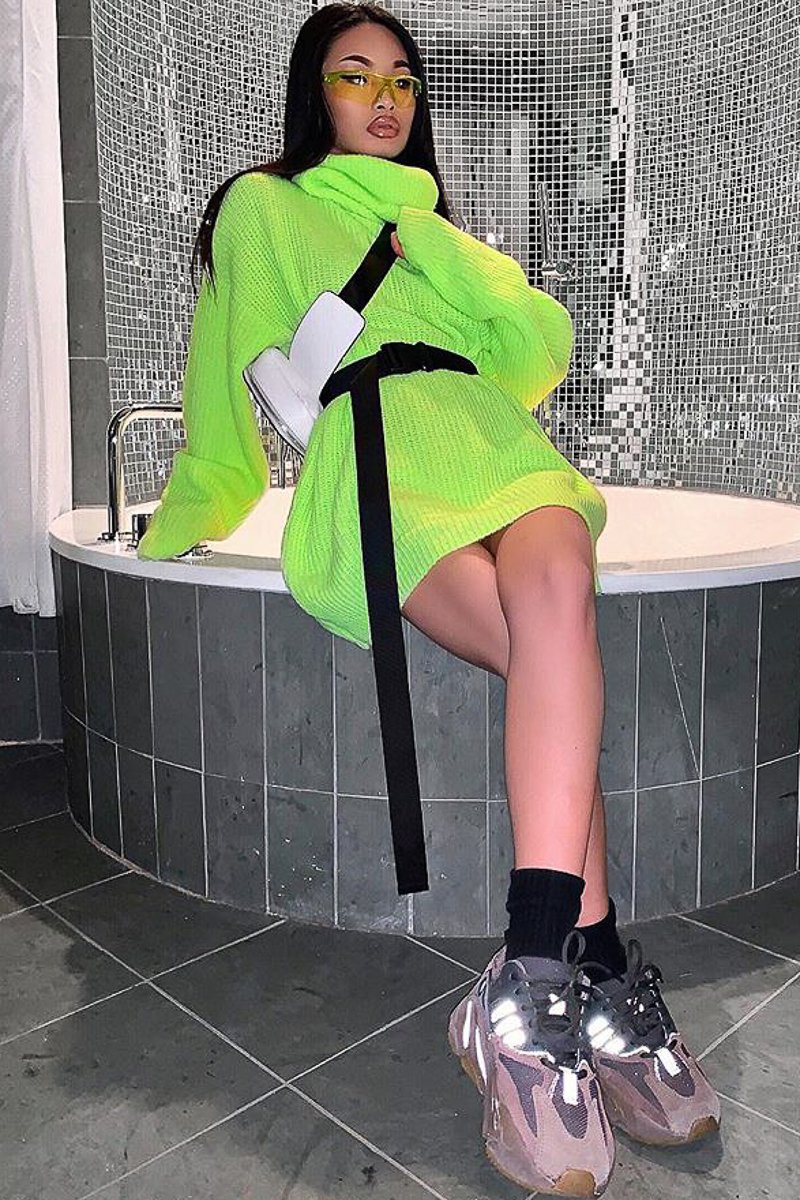Neon Lime Green Roll Neck Jumper Dress - Freylynn Rebellious Fashion Neon Lime Green Roll Neck Jumper Dress - Freylynn Rebellious Fashion