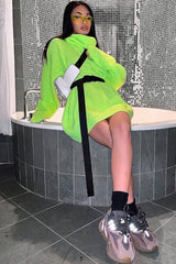 Neon Lime Green Roll Neck Jumper Dress - Freylynn-Dresses