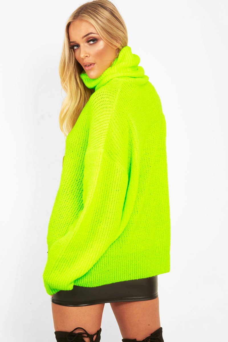 Neon Lime Green Roll Neck Jumper Dress - Freylynn-Dresses