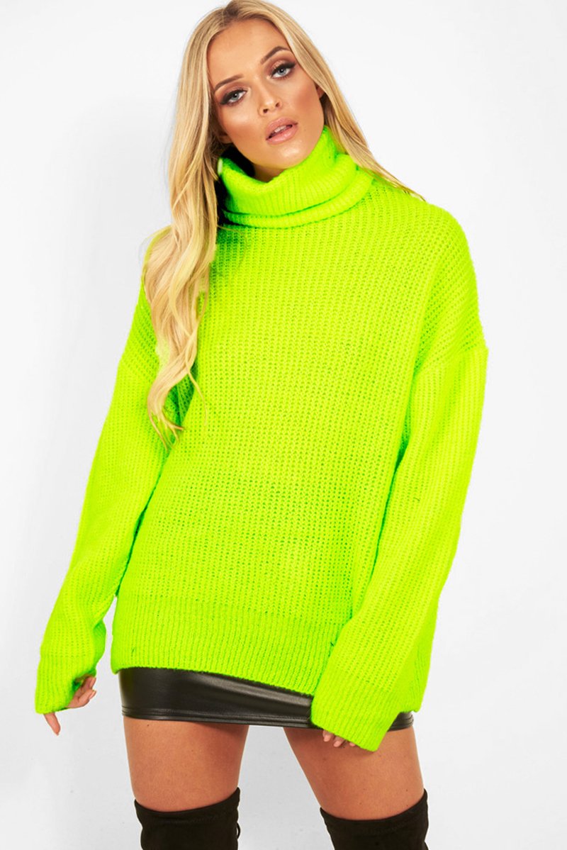 Neon Lime Green Roll Neck Jumper Dress - Freylynn Rebellious Fashion Neon Lime Green Roll Neck Jumper Dress - Freylynn Rebellious Fashion