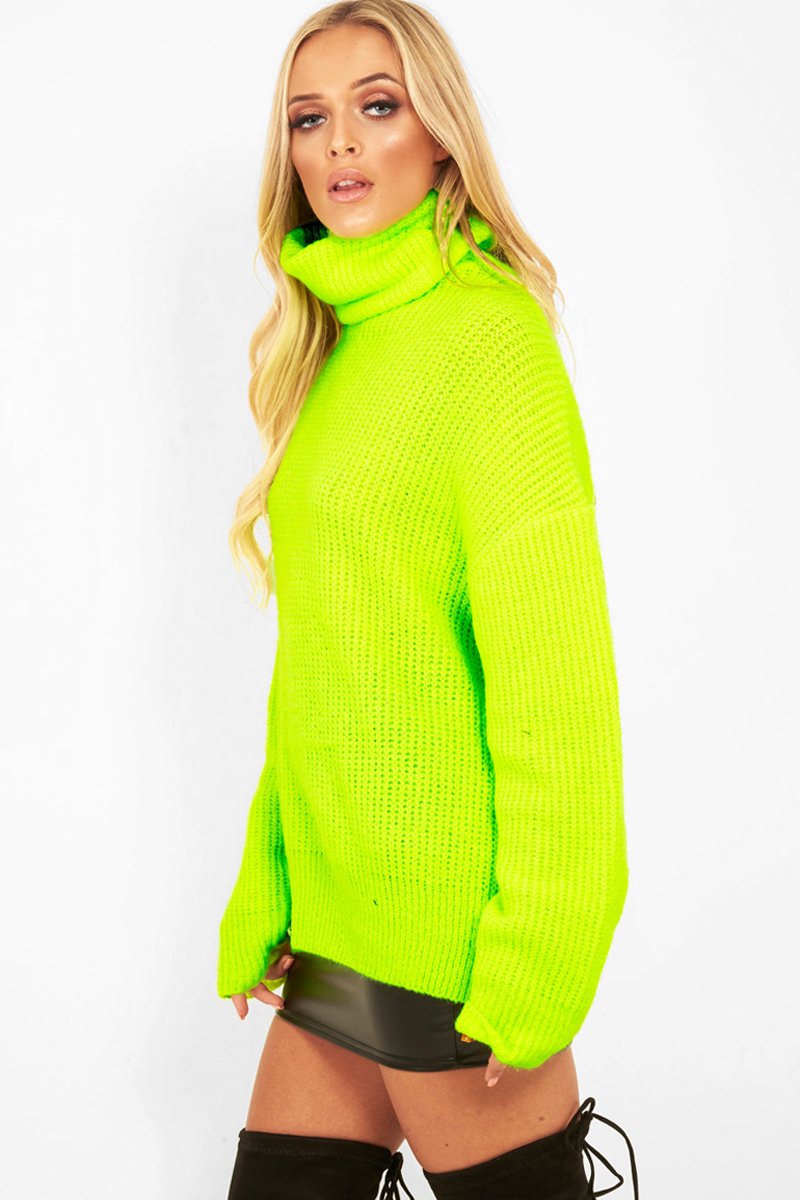 Neon Lime Green Roll Neck Jumper Dress - Freylynn-Dresses