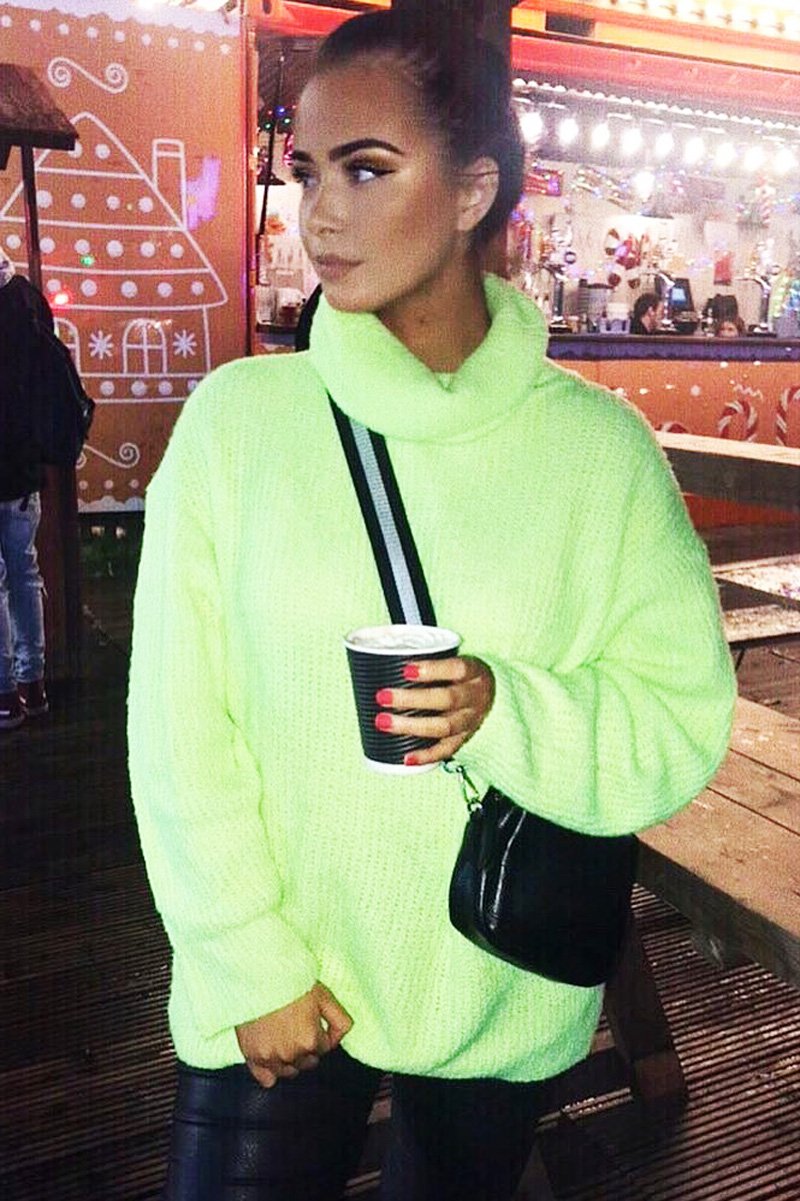 Neon Lime Green Roll Neck Jumper Dress - Freylynn-Dresses