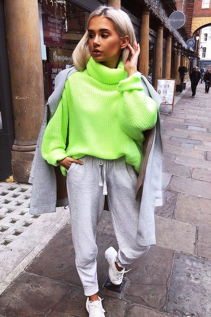 Neon Lime Green Roll Neck Jumper Dress - Freylynn-Dresses