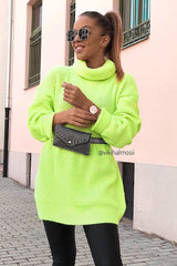 Neon Lime Green Roll Neck Jumper Dress - Freylynn-Dresses