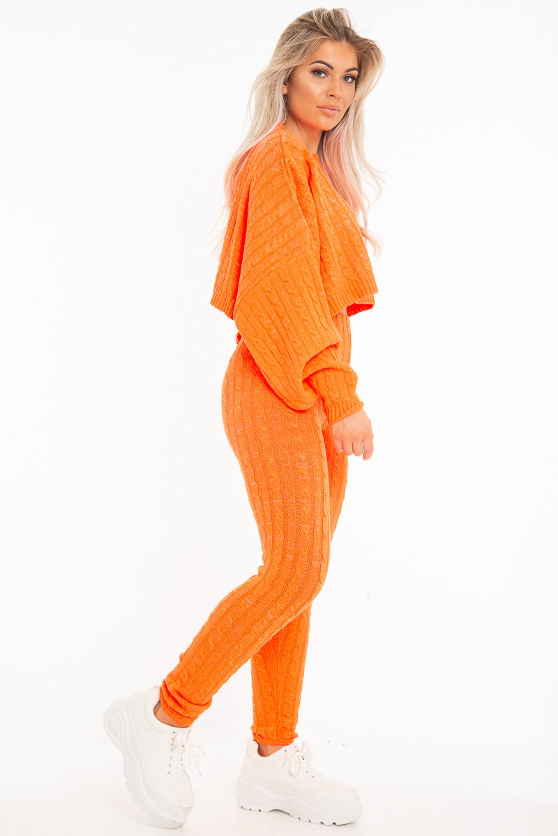 Neon Orange Cable Knit Batwing Jumper Loungwear Set - Janea-Co-ords