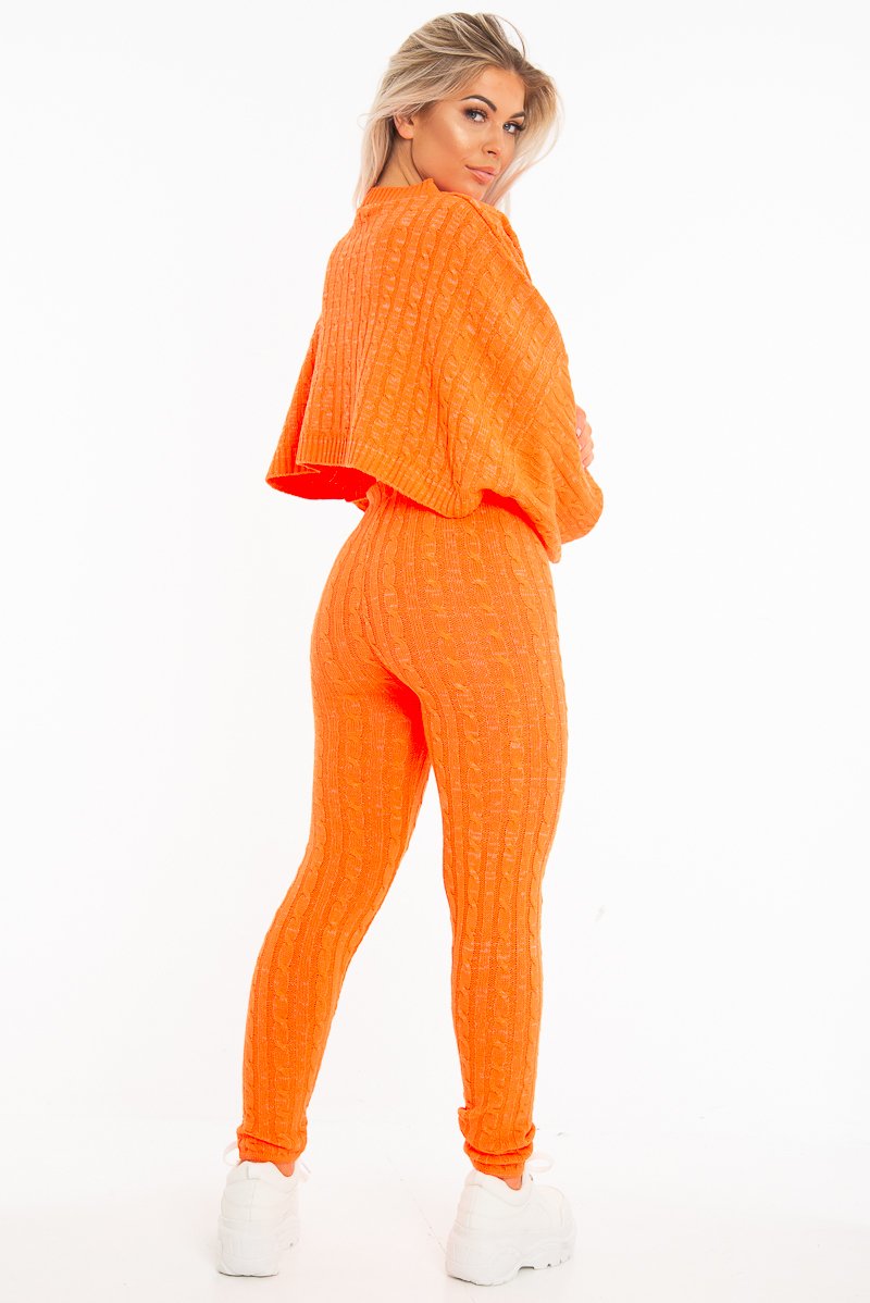Neon Orange Cable Knit Batwing Jumper Loungwear Set - Janea-Co-ords