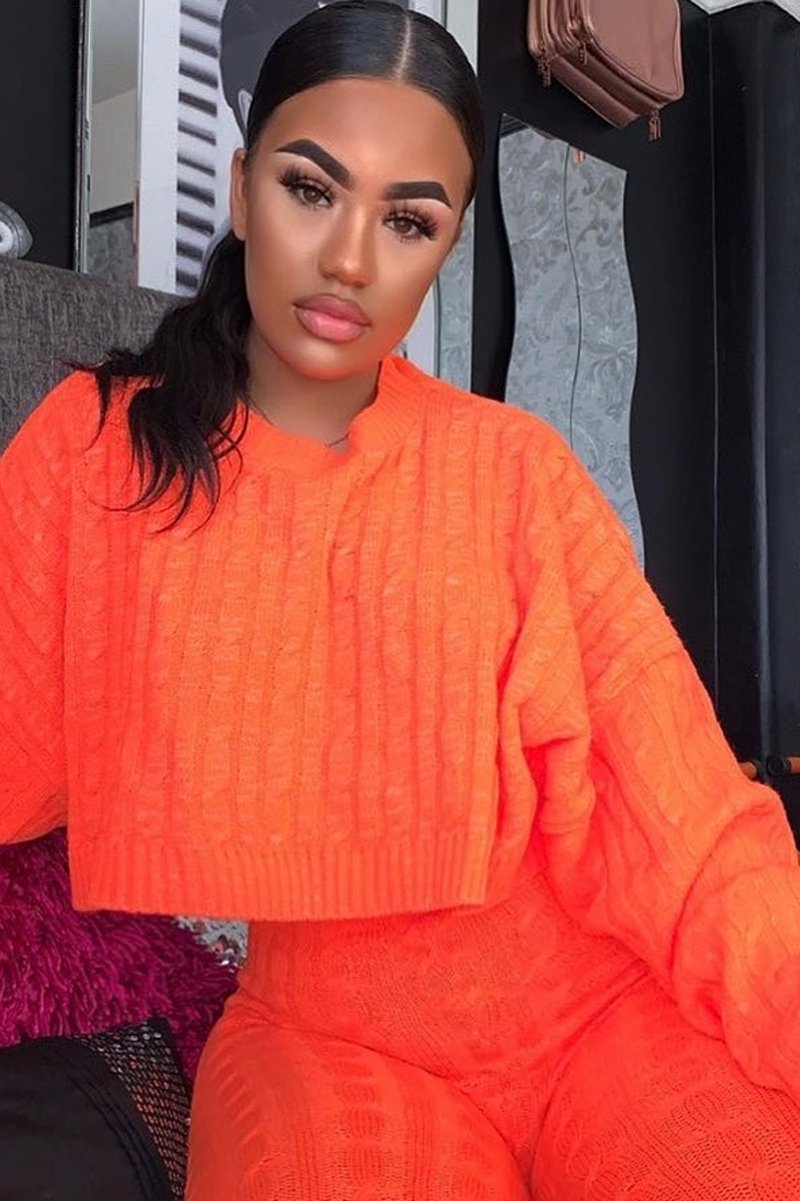 Neon Orange Cable Knit Batwing Jumper Loungwear Set - Janea-Co-ords