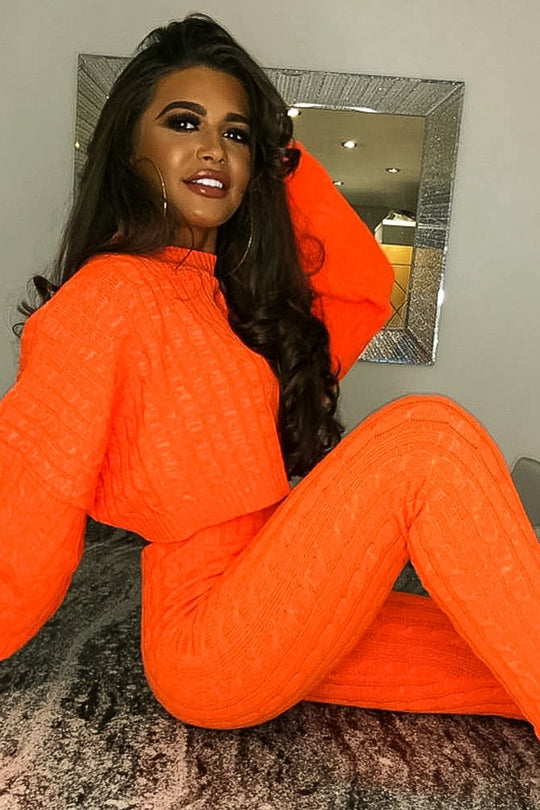 Neon Orange Cable Knit Batwing Jumper Loungwear Set - Janea
