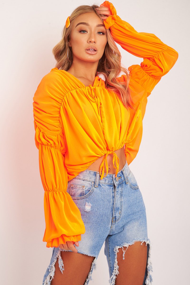 Neon Orange Chiffon Balloon Sleeve Crop Tie Front Blouse - Amelia-Blouse