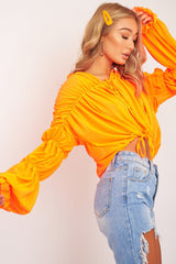Neon Orange Chiffon Balloon Sleeve Crop Tie Front Blouse - Amelia-Blouse