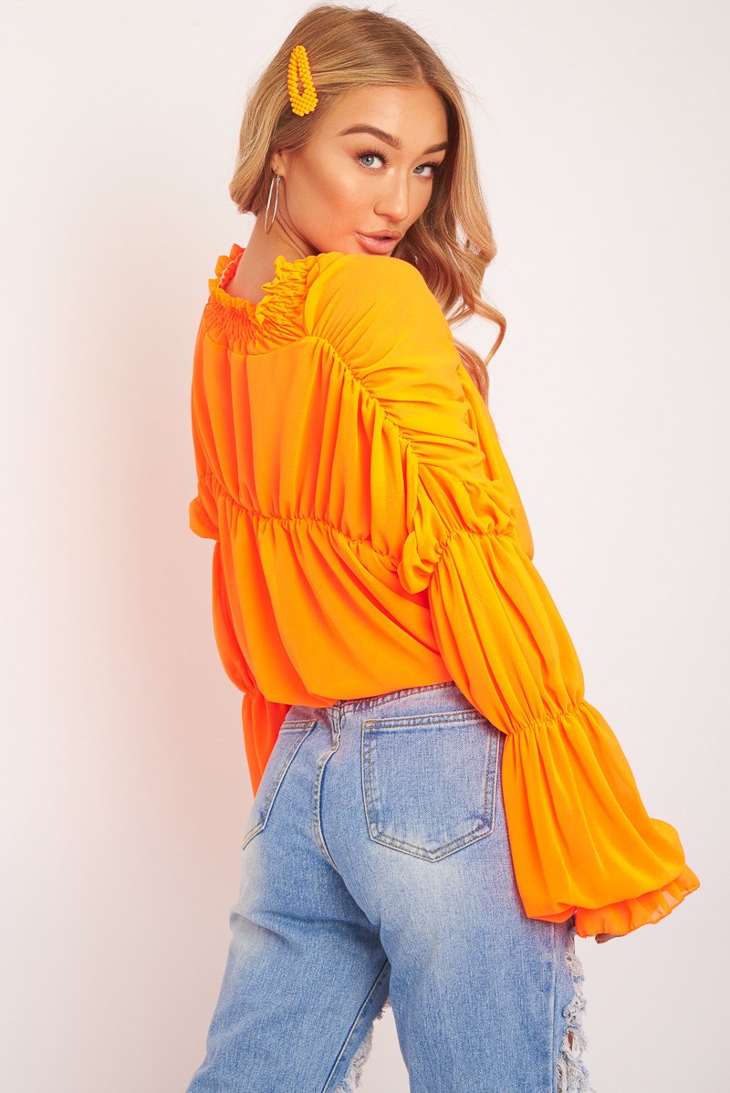 Neon Orange Chiffon Balloon Sleeve Crop Tie Front Blouse - Amelia-Blouse